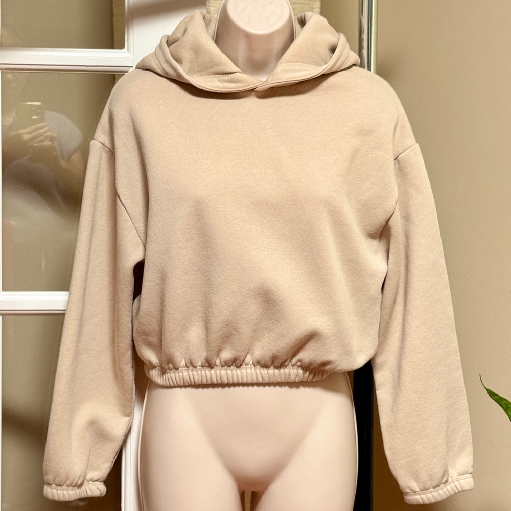 Zara Beige Cowl Neck Cropped Hoodie Sweater